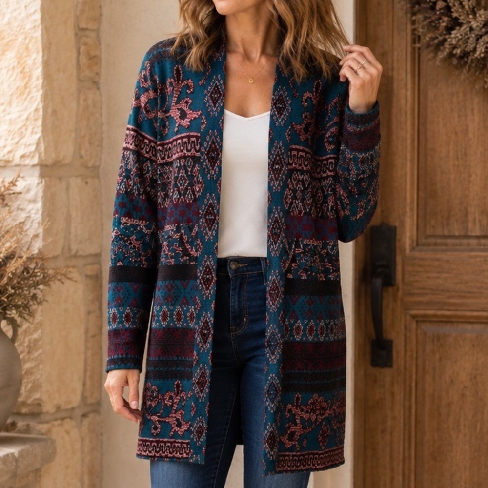 Chico's Women Size XL Teal Burgundy Jacquard Open Front Duster Cardigan Sweater